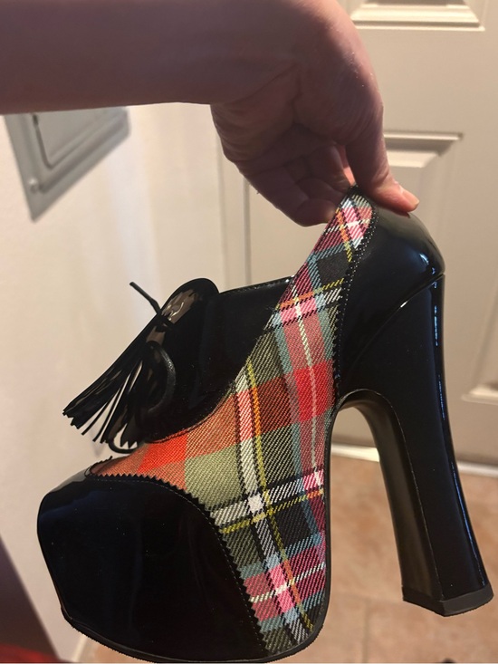 Vivienne Westwood Shoes - Vivienne Westwood Black Patent Platform Heels with Multicolor Tartan Wool